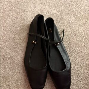Zara Black Leather Flats with Gold Accent